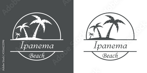 Símbolo destino de vacaciones. Icono plano texto Ipanema Beach en círculo con playa y palmeras en fondo gris y fondo blanco