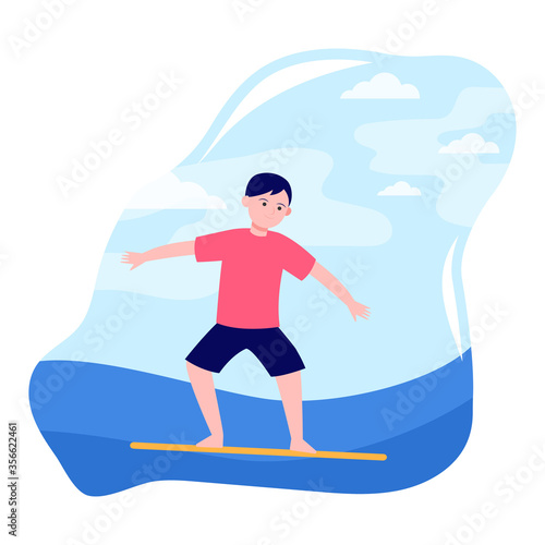 Young boy surfing on sea. Balance  summer  vacation flat vector illustration. Sport and active leisure concept for banner  website design or landing web page