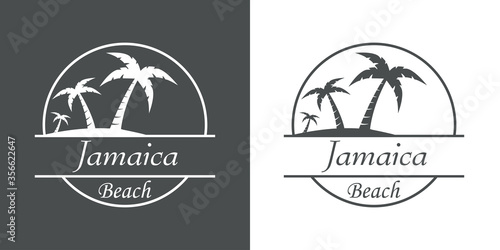 Símbolo destino de vacaciones. Icono plano texto Jamaica Beach en círculo con playa y palmeras en fondo gris y fondo blanco