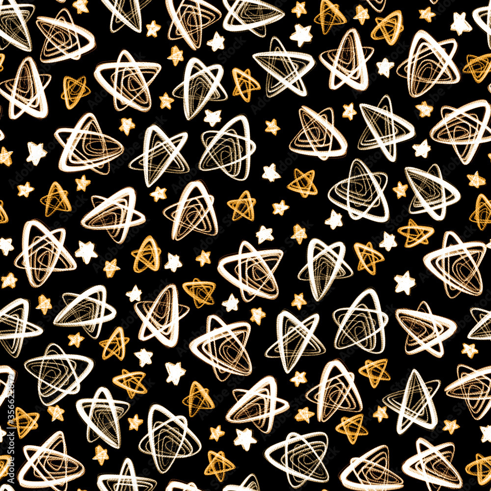 Fototapeta premium Vivid neon seamless pattern with hand drawn golden stars on a black background