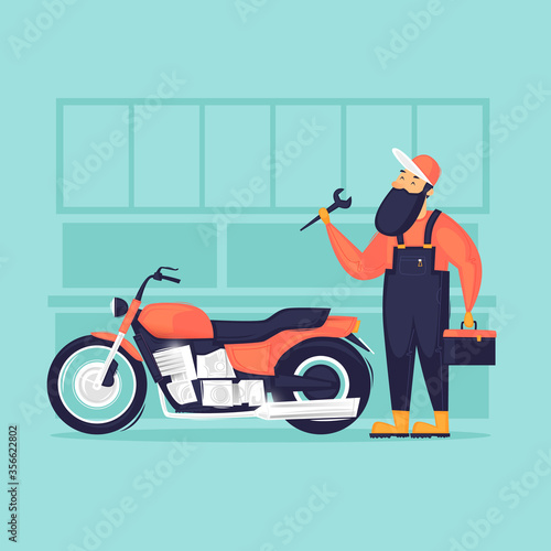 Motorcycle repair. Flat design vector illustration.
