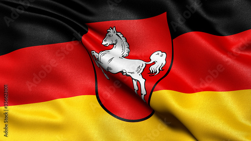 Flag of Lower Saxony waving in the wind. 3D illustration.