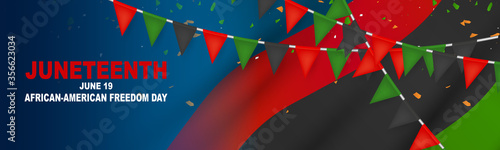 Juneteenth Freedom Day. 19 June African American Emancipation Day. Annual American holiday. Black, red, and green banner or header background with lettering. Vector illustration.