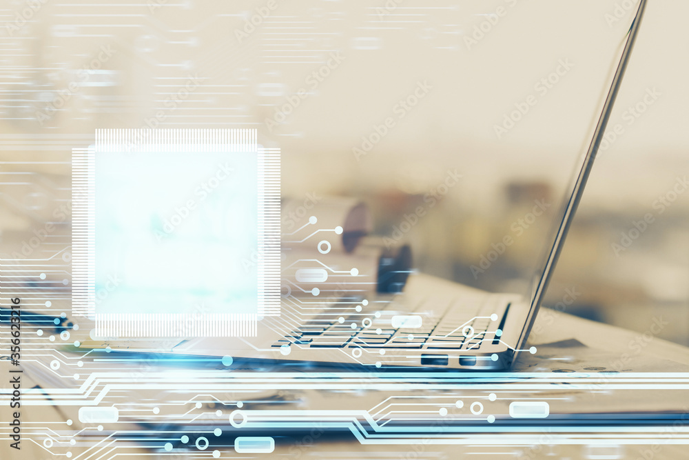 Double exposure of computer and technology theme hologram. Concept of freelance work. Double exposure of computer and technology theme hologram. Concept of freelance work.