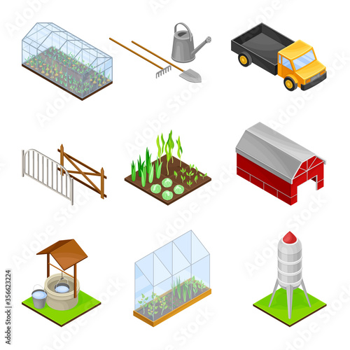 Greenhouse, Truck and Barn as Agricultural and Farming Industry Vector Isometric Set