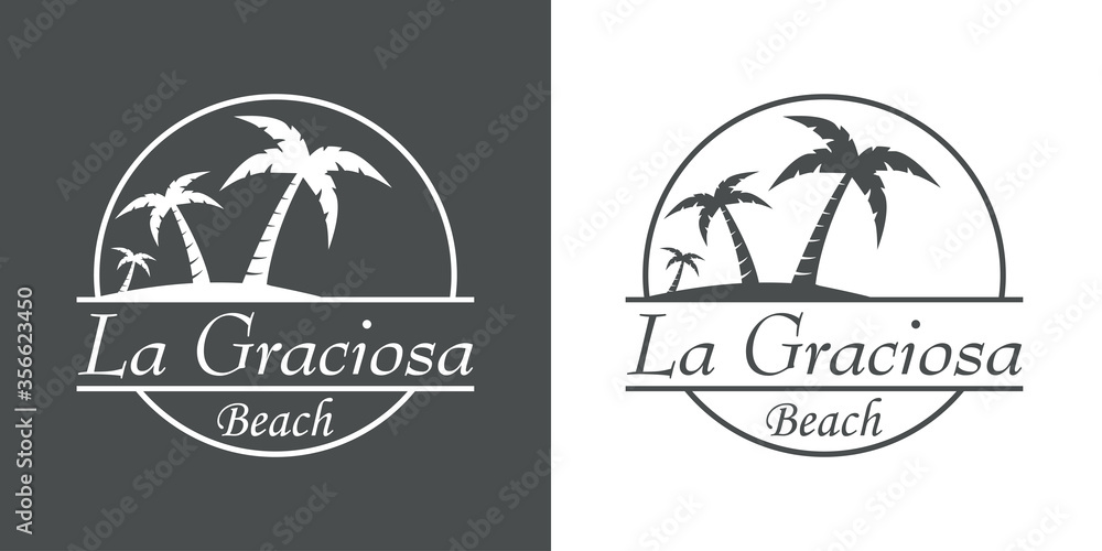 Símbolo destino de vacaciones. Icono plano texto La Graciosa Beach en círculo con playa y palmeras en fondo gris y fondo blanco