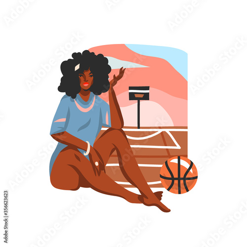 Hand drawn vector flat stock graphic illustration with young happy black afro american beauty female sitting on the street basketball court scene, isolated on white background