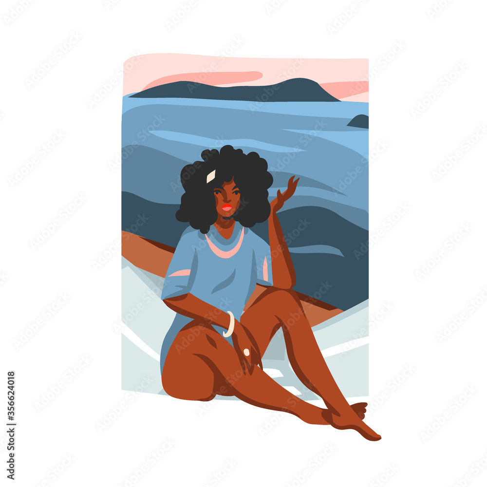 Hand drawn vector abstract stock flat graphic illustration with young happy black afro american beauty female,on sundown beach scene isolated on white background Hand drawn vector abstract stock flat graphic illustration with young happy black afro american beauty female,on sundown beach scene isolated on white background