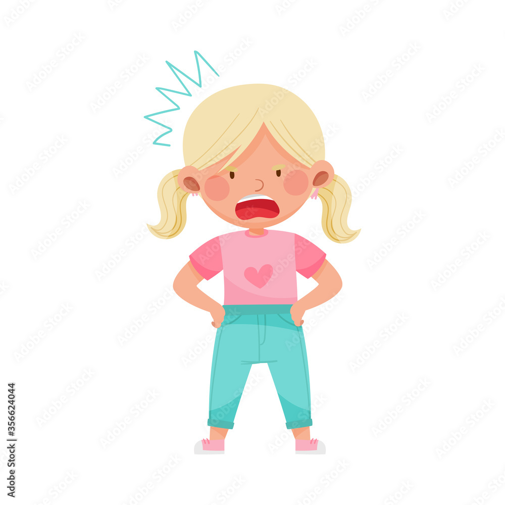 Emoji Girl with Ponytails Standing Feeling Anger Vector Illustration