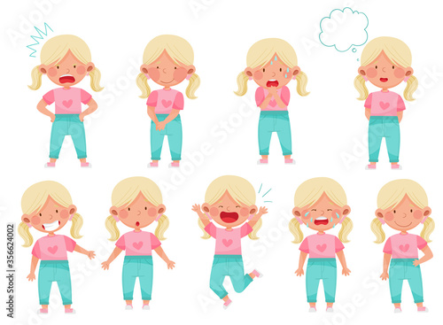 Emoji Girl with Ponytails Feeling Sadness and Excitement Vector Illustration Set