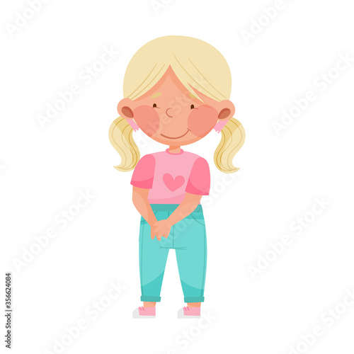 Emoji Girl with Ponytails Standing Smiling Feeling Happiness Vector Illustration