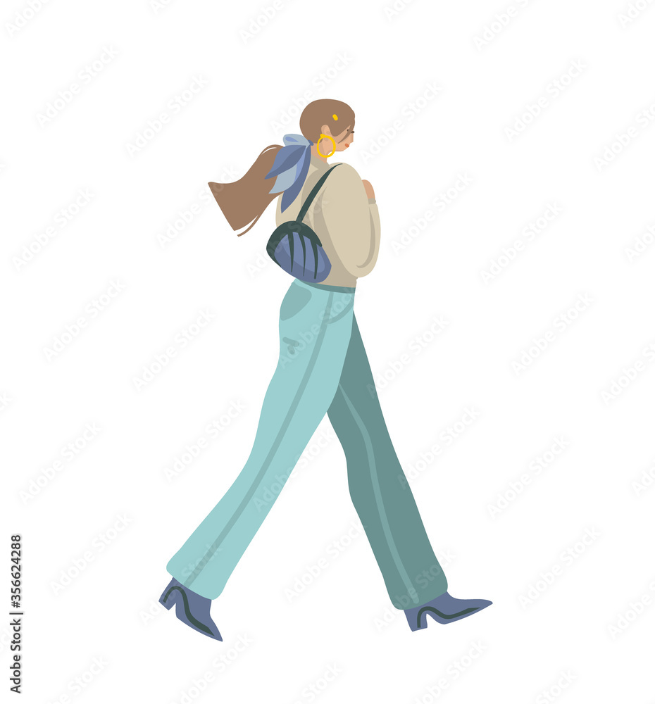 Obraz premium Hand drawn vector stock abstract graphic illustrations set with young female character in street fashion style wear walking on the street isolated on white background