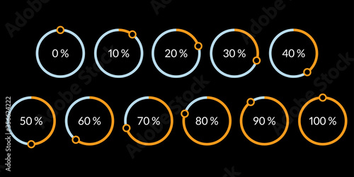 Percentage pie chart set. Circle percent diagram or chart with progress bar. Infographic design template for business process, data statistic, web loading process. Vector illustration.