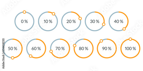 Percentage pie chart set. Circle percent diagram or chart with progress bar. Infographic design template for business process, data statistic, web loading process. Vector illustration.