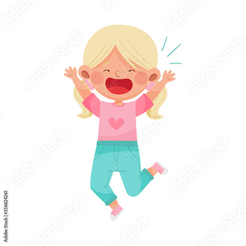 Emoji Girl with Ponytails Jumping Feeling Happiness and Excitement Vector Illustration