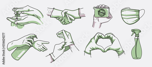 Bundle of vector illustrations for hygiene and infection prevention in the doodle style.Wash hand, disinfectant, and medical mask