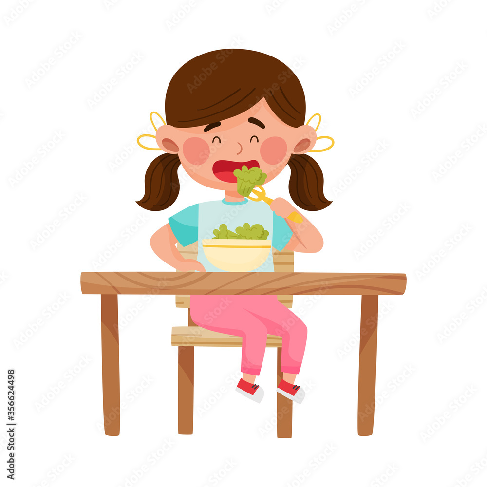 Girl Character Sitting at Kitchen Table and Eating Broccoli Vector Illustration Girl Character Sitting at Kitchen Table and Eating Broccoli Vector Illustration