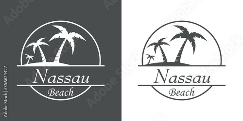Símbolo destino de vacaciones. Icono plano texto Nassau Beach en círculo con playa y palmeras en fondo gris y fondo blanco
