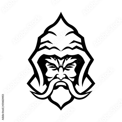 Wizard Sorcerer Warlock Head Front View Mascot Black and White