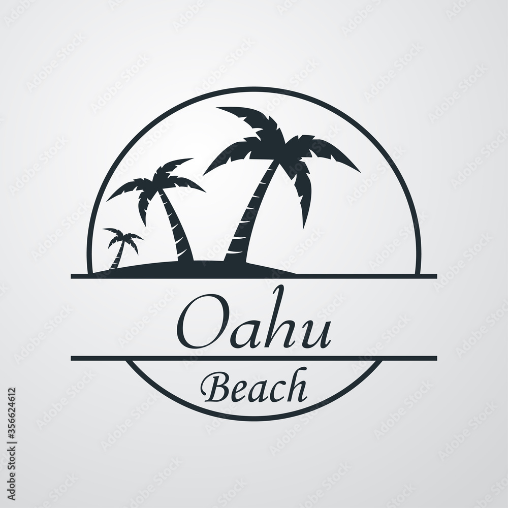 Fototapeta premium Símbolo destino de vacaciones. Icono plano texto Oahu Beach en círculo con playa y palmeras en fondo gris