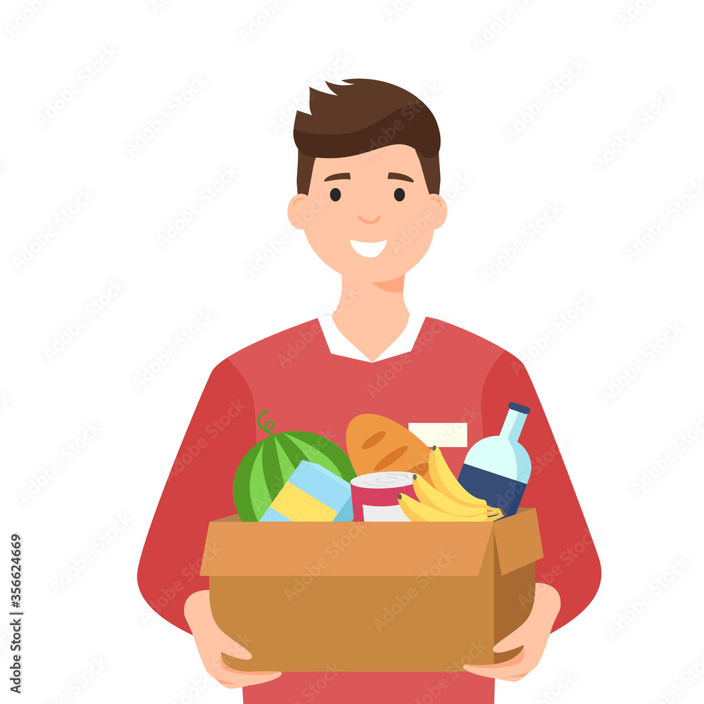 Young smiling man keeps grocery box. Online delivery and courier service. Logistics concept. Colourful flat cartoon vector illustration isolated on white background. Young smiling man keeps grocery box. Online delivery and courier service. Logistics concept. Colourful flat cartoon vector illustration isolated on white background.