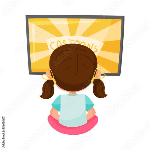 Girl Character Sitting in Front of TV Set and Watching Cartoon Film Vector Illustration