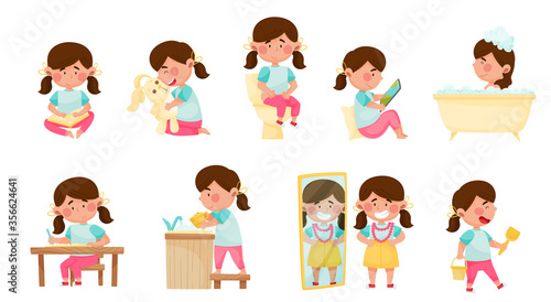 Cute Girl Character Reading Book and Bathing Vector Illustrations Set