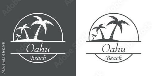 Símbolo destino de vacaciones. Icono plano texto Oahu Beach en círculo con playa y palmeras en fondo gris y fondo blanco