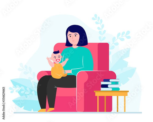 Mother sitting in armchair and holding little baby. Kid, infant, toddler flat vector illustration. Family and parenting concept for banner, website design or landing web page