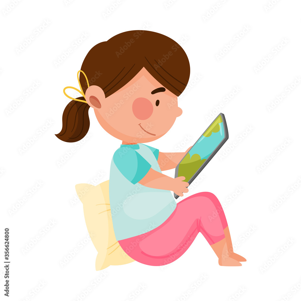 Girl Character Sitting and Playing Game on Tablet PC Vector Illustration Girl Character Sitting and Playing Game on Tablet PC Vector Illustration