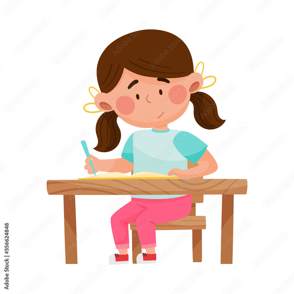 Girl Character Sitting at Table Doing Her Homework Vector Illustration