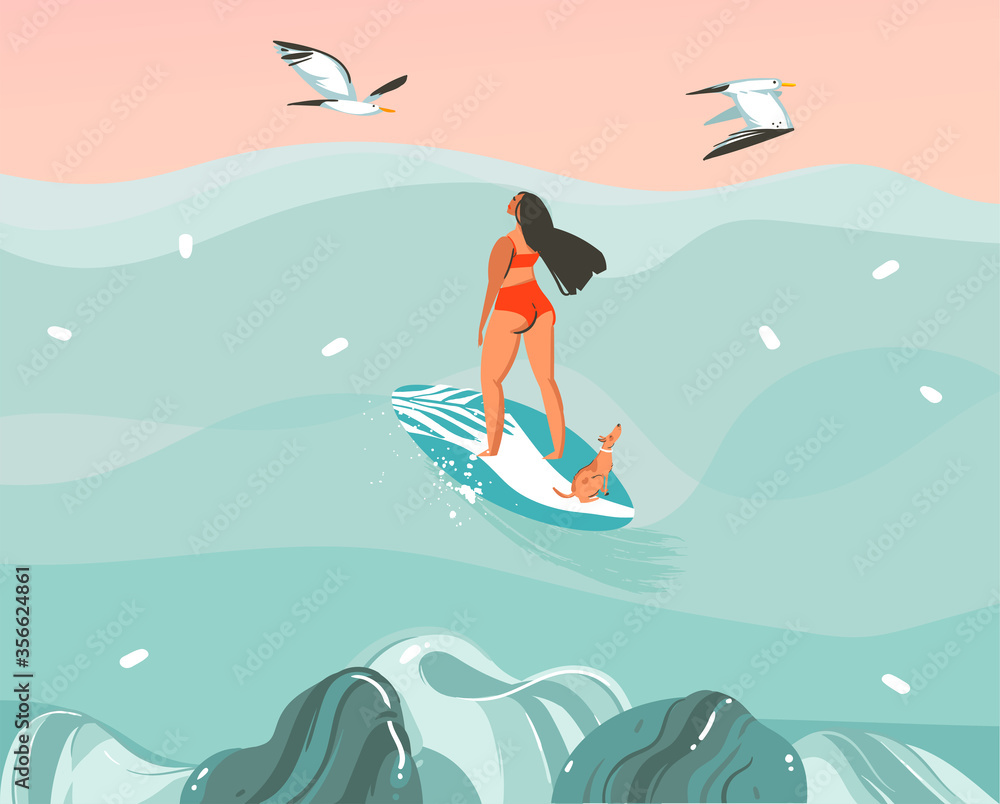 Hand drawn vector stock abstract graphic illustration with a surfer girl surfing with a dog and seagulls isolated on ocean wave landscape background