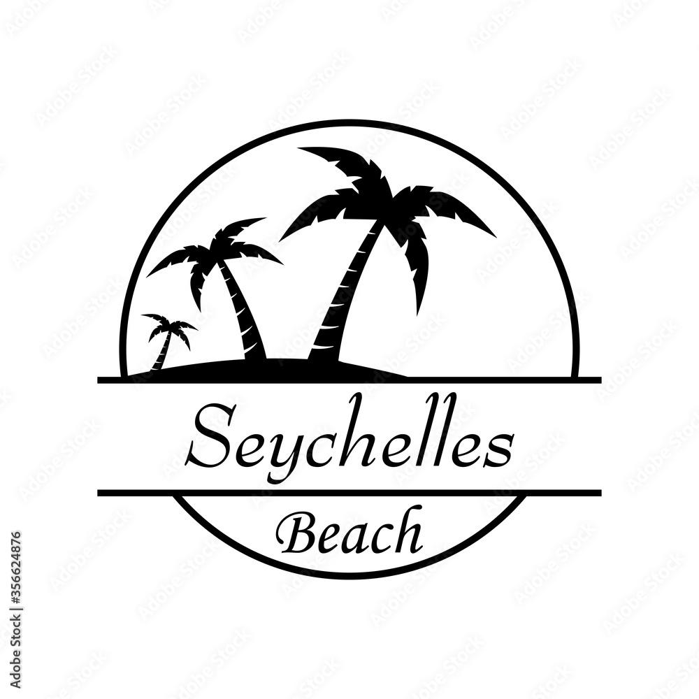 Símbolo destino de vacaciones. Icono plano texto Seychelles Beach en círculo con playa y palmeras en color negro