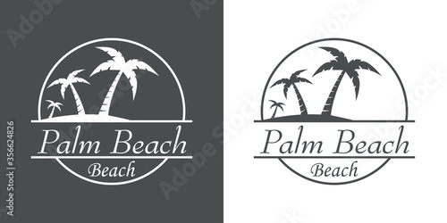 Símbolo destino de vacaciones. Icono plano texto Palm Beach en círculo con playa y palmeras en fondo gris y fondo blanco