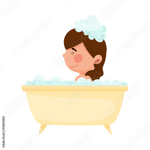 Girl Character Sitting in Bathtub and Bathing with Foam Vector Illustration
