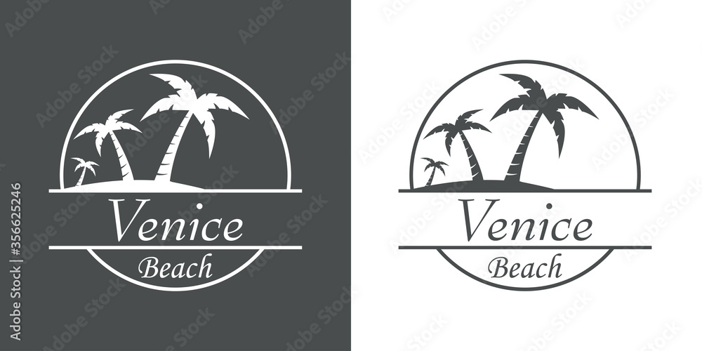 Símbolo destino de vacaciones. Icono plano texto Venice Beach en círculo con playa y palmeras en fondo gris y fondo blanco
