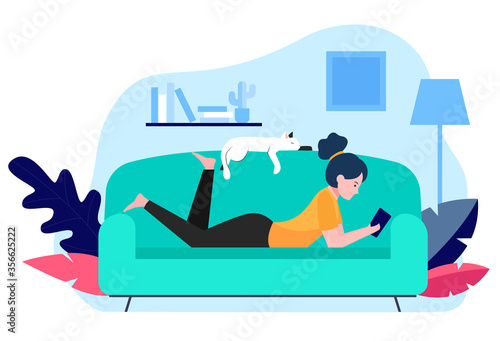 Girl and cat relaxing on sofa flat vector illustration. Cartoon woman laying in comfort and reading. Home evening and entertainment concept