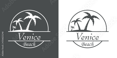 Símbolo destino de vacaciones. Icono plano texto Venice Beach en círculo con playa y palmeras en fondo gris y fondo blanco