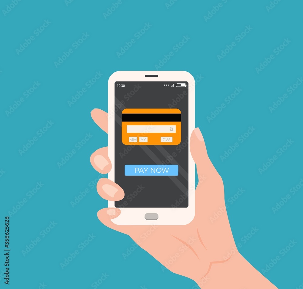 Mobile payment concept hand holding smartphone with credit card and button on the screen Mobile payment concept hand holding smartphone with credit card and button on the screen