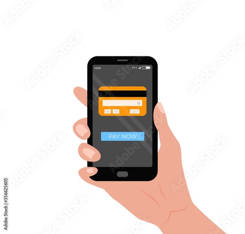 Mobile payment concept hand holding smartphone with credit card and button on the screen