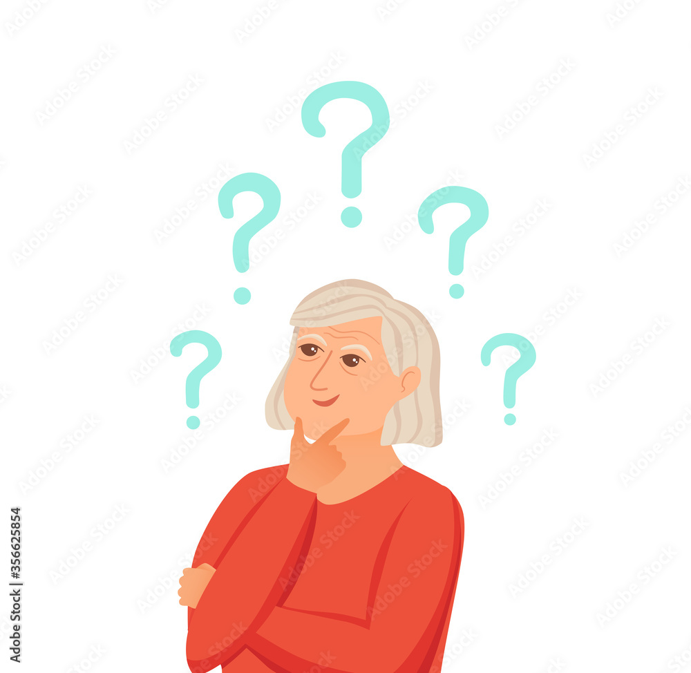 Old woman thinking with question marks. Vector illustration Old woman thinking with question marks. Vector illustration