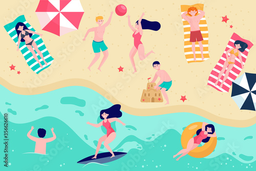 Various people relaxing on beach flat vector illustration. Cartoon characters resting at sea or ocean coast. Vacation, summer activity and leisure concept