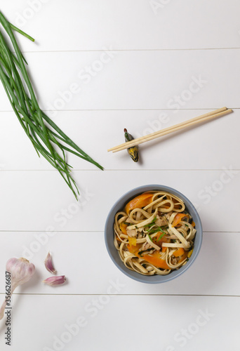 Udon noodles with chicken, carrots and green onions on a white background. Top view. Japanese kitchen. Copy space.