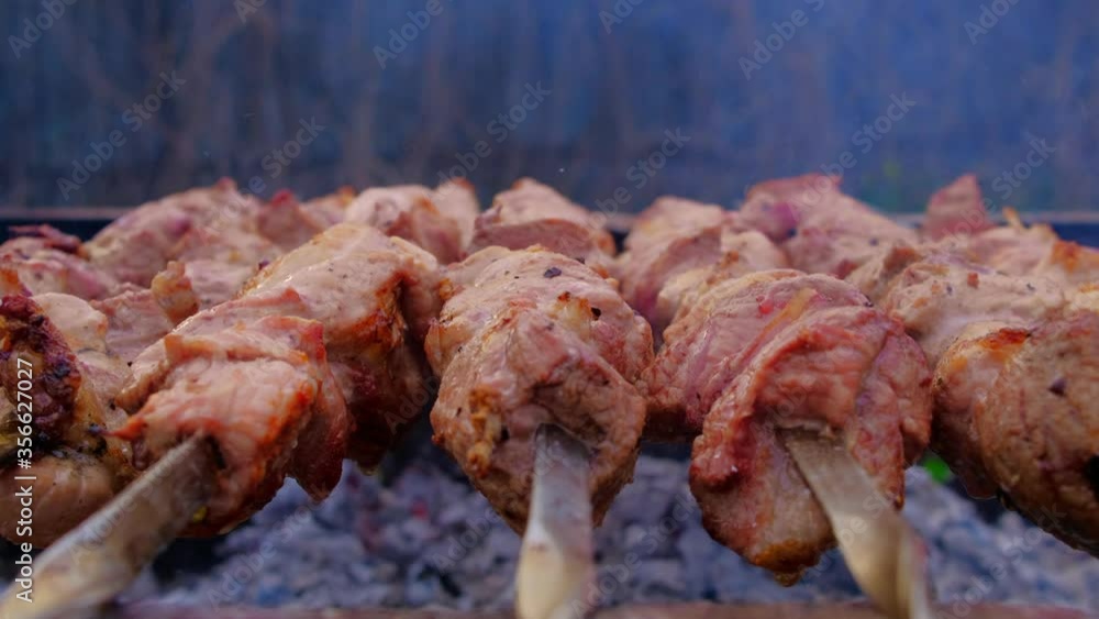 Juicy and fresh slices of pork meat are strung on skewers and grilled in charcoal grill. Fragrant smoke. Natural meat dish outdoors on a spring day. Juicy and fresh slices of pork meat are strung on skewers and grilled in charcoal grill. Fragrant smoke. Natural meat dish outdoors on a spring day.