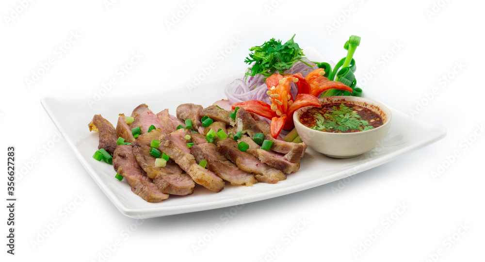 Grilled Pork Slices Served Spicy Sauce Grilled Pork Slices Served Spicy Sauce