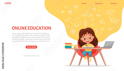 E-learning concept banner. Online education. Cute school girl using laptop. Study at home with hand-drawn elements. Web courses or tutorials, software for learning. Vector flat cartoon illustration