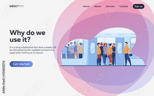 Crowd of commuters traveling by subway train. Metro passengers standing in overcrowding tube carriage. Vector illustration for public transport, commuting, rush hour concept