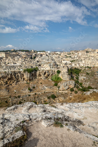 Panoramic view of Sassi di Matera a historic district in the city of Matera, well-known for their ancient cave dwellings from the Belvedere di Murgia Timone,  Basilicata, Italy © wjarek