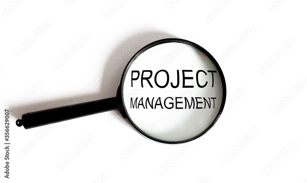 Magnifier with text PROJECT MANAGEMENT on the white background Magnifier with text PROJECT MANAGEMENT on the white background