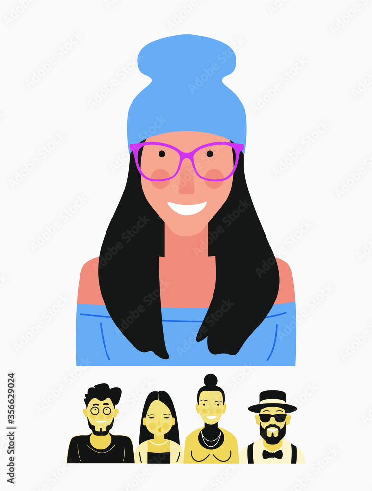 Bright person portrait. Avatars set. Hand drawn flat style. Illustration of male and female faces and shoulders. Vector people icons.